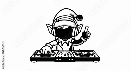 Cartoon elf with headphones and a festive outfit plays music on turntables