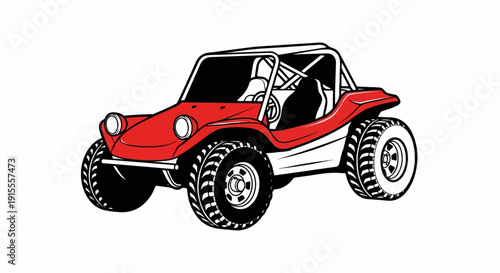 Bright red dune buggy with off-road tires, roll cage and white top