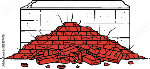 Broken brick wall with debris spilling out