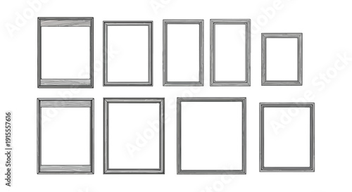 A collection of variously sized and shaped picture frames in a linear arrangement Vector