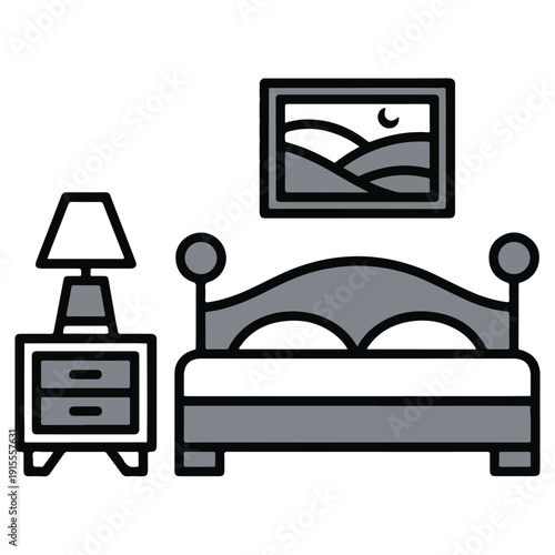 Bedroom interior line art illustration featuring bed with pillows nightstand with lamp and framed landscape picture on wall in grayscale aesthetic