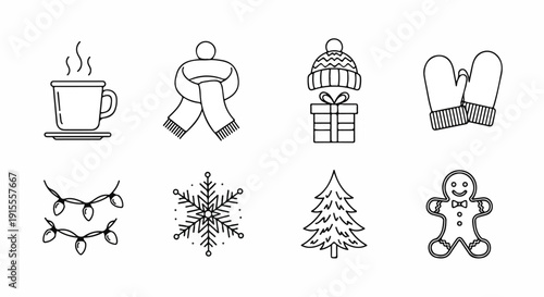 A collection of winter-themed icons featuring various objects and activities Vector