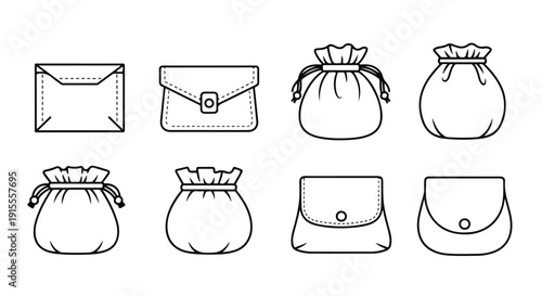 An assortment of eight different types of handbags and purses Vector