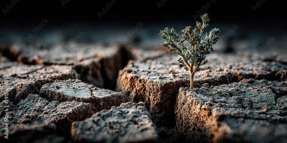 Fototapeta premium Green sprout growing from cracked dry earth, concept of resilience and hope