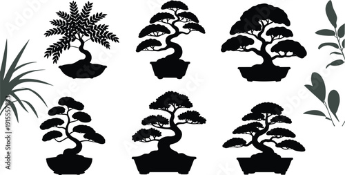 Black silhouette illustration of six bonsai trees with distinct shapes and foliage, accompanied by stylized leaves, perfect for gardening, nature, design, and educational concepts.