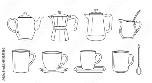Assorted coffee and tea brewing equipment and drinkware Vector