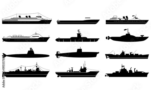 collection of silhouette ships and submarines on transparent background  various naval vessels