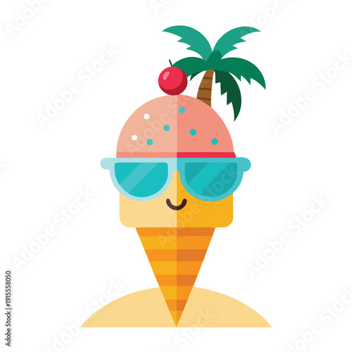 Colorful Ice Cream Cone Illustration with Waffle Cone and Sweet Strawberry Vanilla Chocolate Dessert