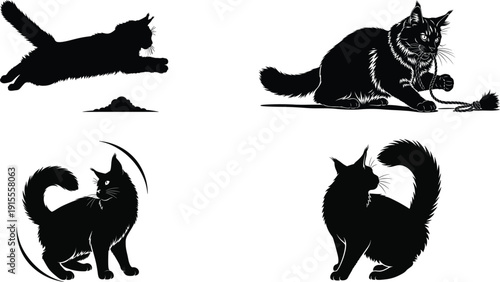 Four black cat silhouettes in various poses showcasing agility and playfulness in a simple design silhouette
