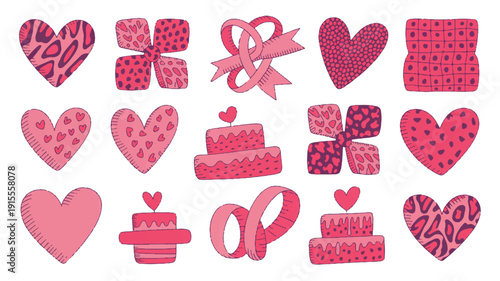 Trendy doodle icons of cakes and ribbons, 15 individual vector illustrations on white with maximalist patterns for celebrations and baking.