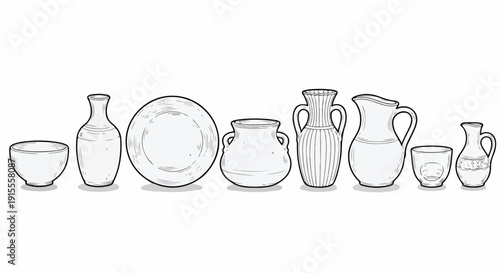 A collection of various ceramic and glass vessels displayed in a row Vector