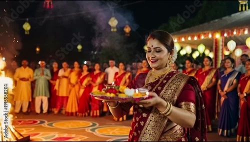 Traditional indian woman in a beautiful sari holding offerings during a vibrant night fire ceremony