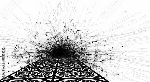 Abstract explosion of light trails and particles creates dynamic energy on a patterned surface