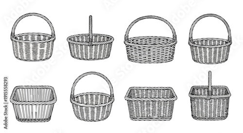 Assorted wicker baskets displayed in a variety of shapes and sizes Vector