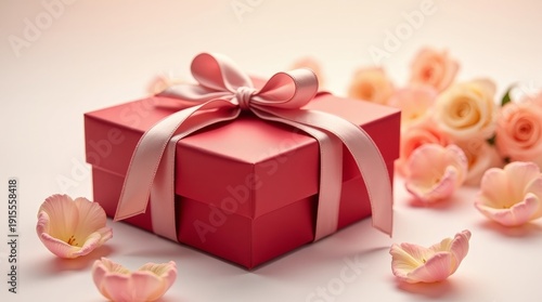 Red Gift Box with Ribbon on Soft Background 