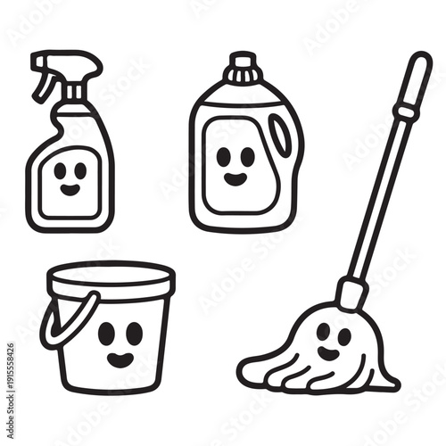 Set of cute cleaning supplies icons featuring smiling characters spray bottle detergent jug bucket and mop with happy faces on transparent background