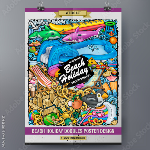 Bright hand-drawn doodle poster with beach vacation elements including inflatable rings, umbrella, sunglasses, flip flops, and summer accessories arranged in a colorful composition