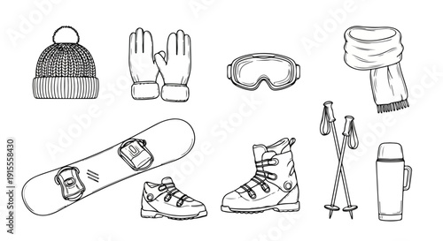 Essential gear for a day of winter sports and outdoor activities Vector