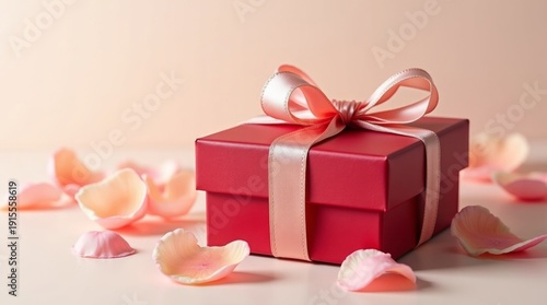 Red Gift Box with Ribbon on Soft Background 