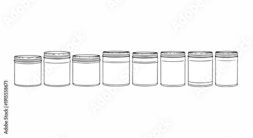 A row of empty glass jars of varying sizes lined up in a row Vector