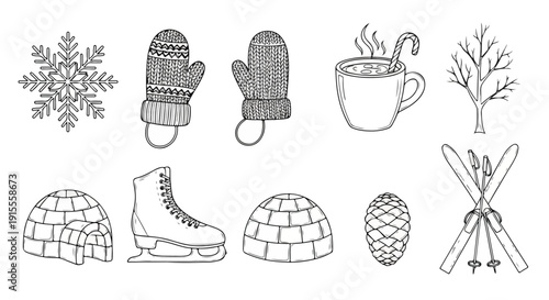 Winter activities and items illustrated in a simple line art style Vector