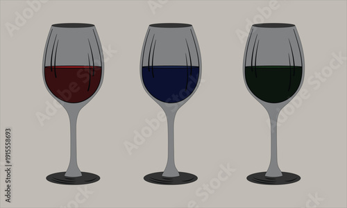 Three wine glasses filled with red blue and green liquid on gray background vector illustration for drinks and beverages concept