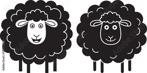 Two stylized black sheep icons with fluffy wool, one smiling and one neutral, isolated on white background. Vector illustration.