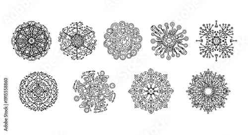 Intricate black and white patterns showcasing a variety of symmetrical designs Vector