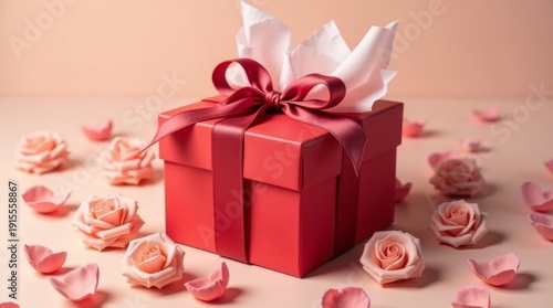 Red Gift Box with Ribbon on Soft Background 