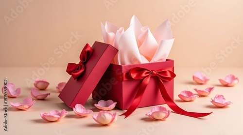 Red Gift Box with Ribbon on Soft Background 