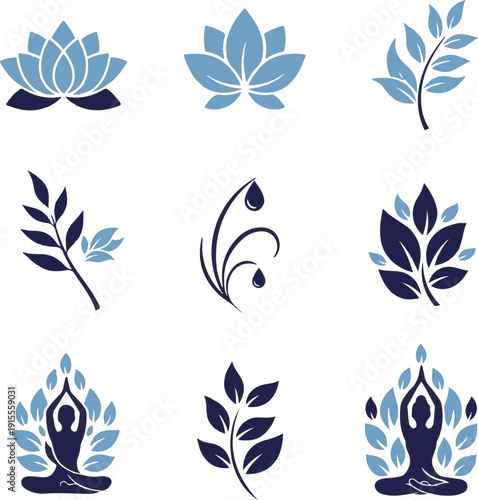 Yoga silhouettes with lotus flowers and leaves in blue tones
