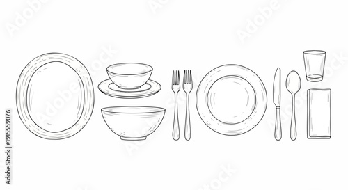 A variety of plates, bowls, and utensils arranged on a table. Vector