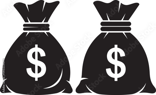 Two black money bag icons with dollar signs, representing finance, wealth, and savings. Vector illustration on white.