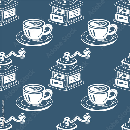 Hand drawn vintage italian seamless pattern with coffe drinks. Retro Italia dolce vita background perfect for menus, wrapping, wallpapers.