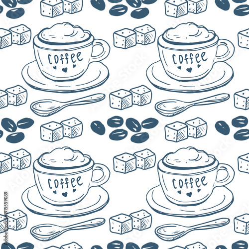 Hand drawn vintage italian seamless pattern with coffe drinks. Retro Italia dolce vita background perfect for menus, wrapping, wallpapers.