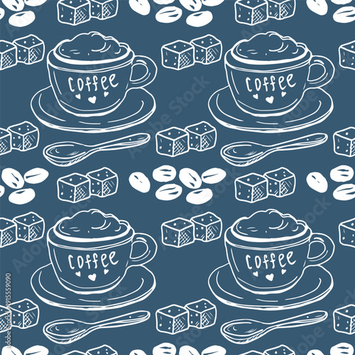Hand drawn vintage italian seamless pattern with coffe drinks. Retro Italia dolce vita background perfect for menus, wrapping, wallpapers.