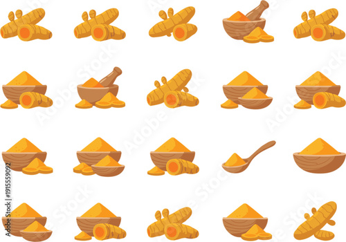 Turmeric spice flat vector icon collection with powder in bowls, spoon and fresh roots isolated for cooking and organic herbal design
