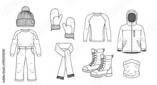 Illustration of winter clothing and accessories for outdoor activities Vector