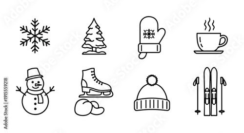 Winter activities and symbols illustrated in a simple line art style Vector
