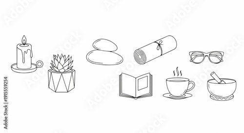 A collection of various objects including a candle, flowers, and a laptop Vector