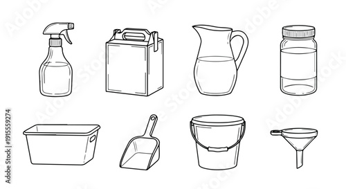 A collection of various kitchen and cleaning items, including containers and tools. Vector