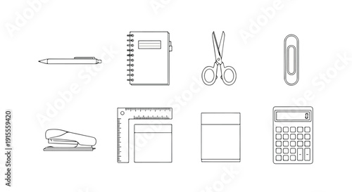 A collection of various office supplies and stationery items. Vector