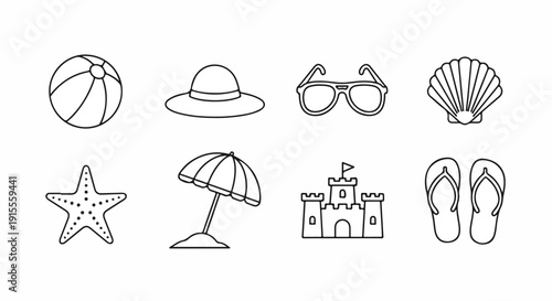 A collection of nine summer-themed icons including a beach ball, hat, and flip flops Vector