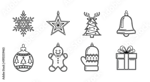 Assorted christmas ornaments and decorations in a line Vector