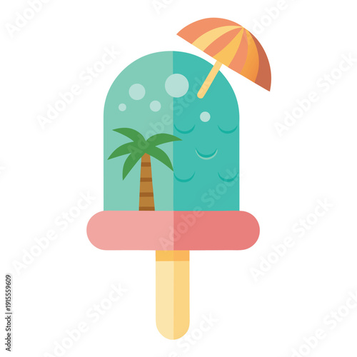 Colorful ice cream on a wooden board and stick in a summer nature landscape with beach sun trees and travel illustration style