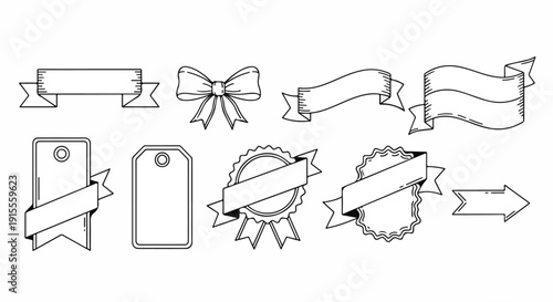 Assorted decorative elements including ribbons, bows, and tags Vector