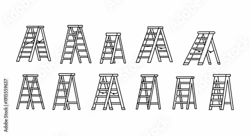A variety of different ladders and step stools in a line up illustration. Vector