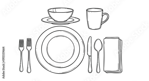 A collection of essential dining utensils and tableware for everyday use Vector