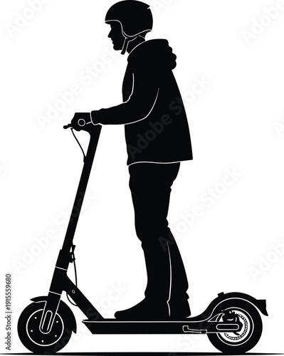Black silhouette vector illustration of person riding electric scooter with helmet emphasizing modern safe urban transportation design