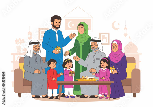 Happy extended Muslim family celebrating Eid at home
